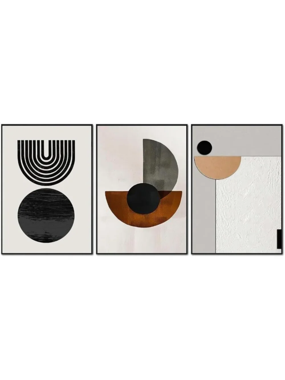 Set of 3 Geometric Arch Abstract Canvas Wall Art - Black & Brown Decor